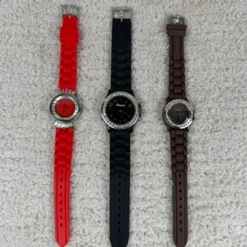 Geneva Women Silicone Band Watch Lot Red Black Brown Rhinestone Bezel 3pc Bundle